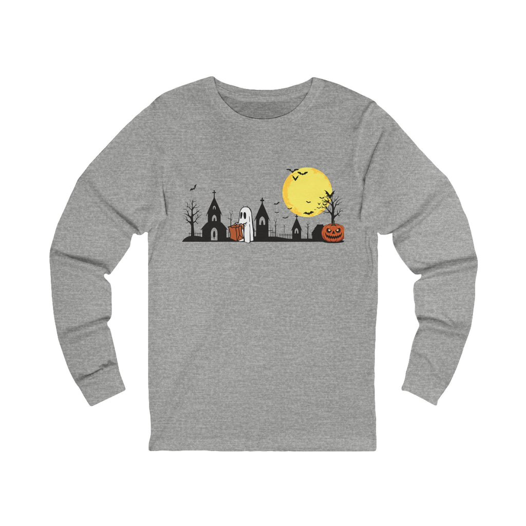 Halloween Graphic Long Sleeve Tee, Unisex Fall T-Shirt, Spooky Stylish Shirt, Autumn Celebration Wear, Ghosts & Ghouls Apparel