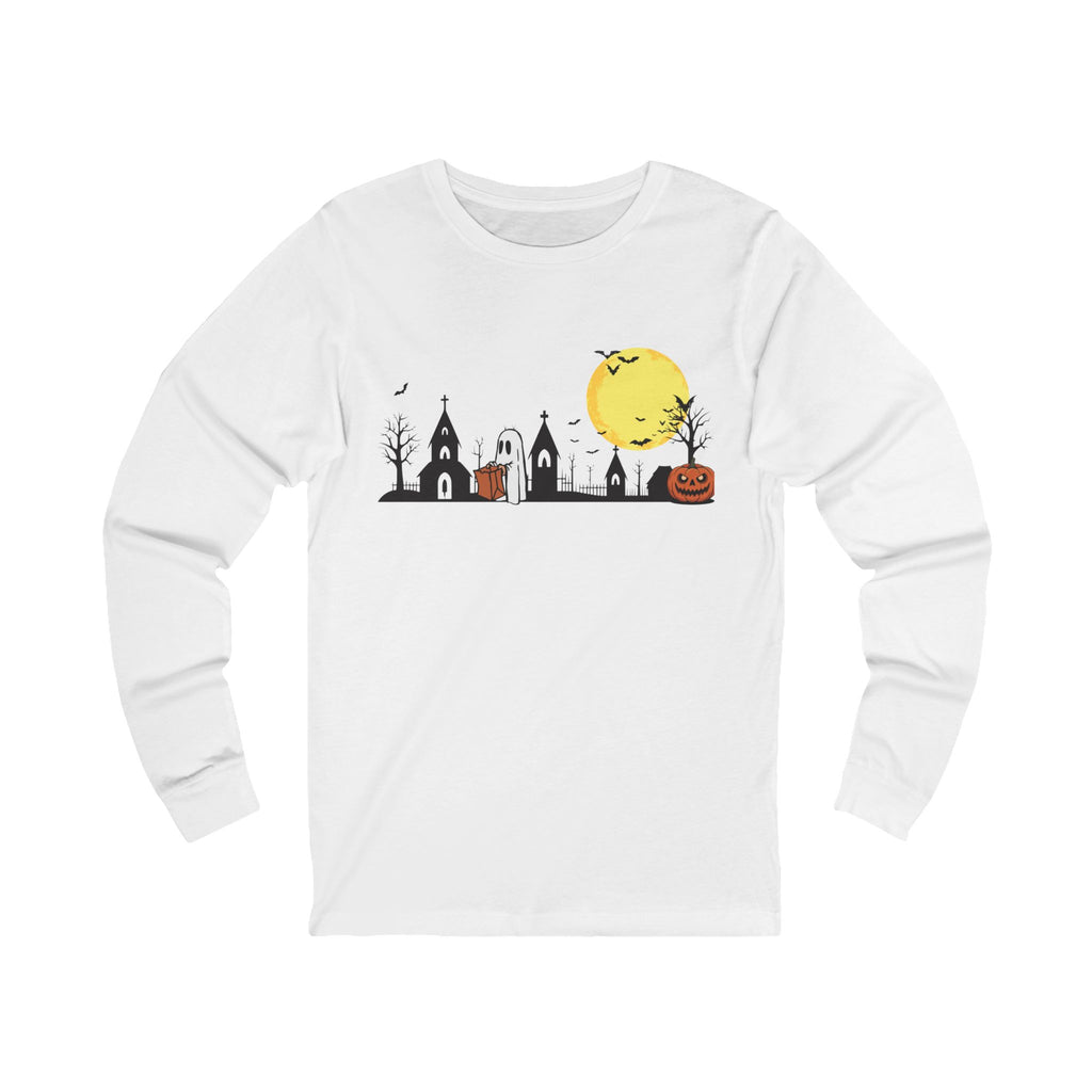 Halloween Graphic Long Sleeve Tee, Unisex Fall T-Shirt, Spooky Stylish Shirt, Autumn Celebration Wear, Ghosts & Ghouls Apparel