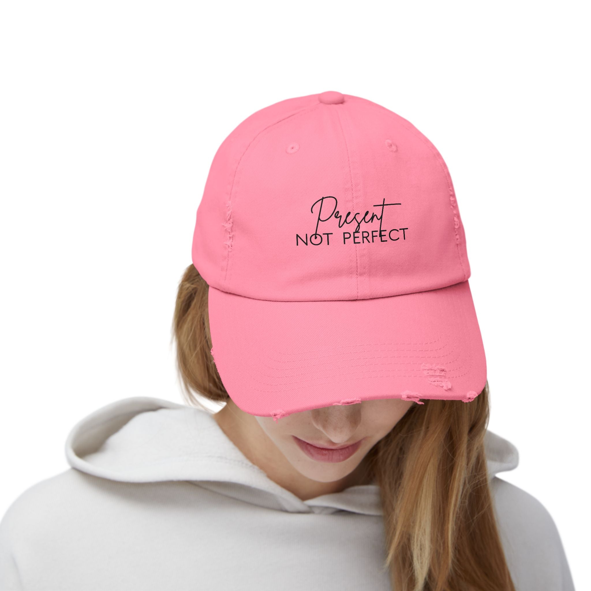 Present Not Perfect Distressed Cap - Trendy Unisex Hat for Casual Wear