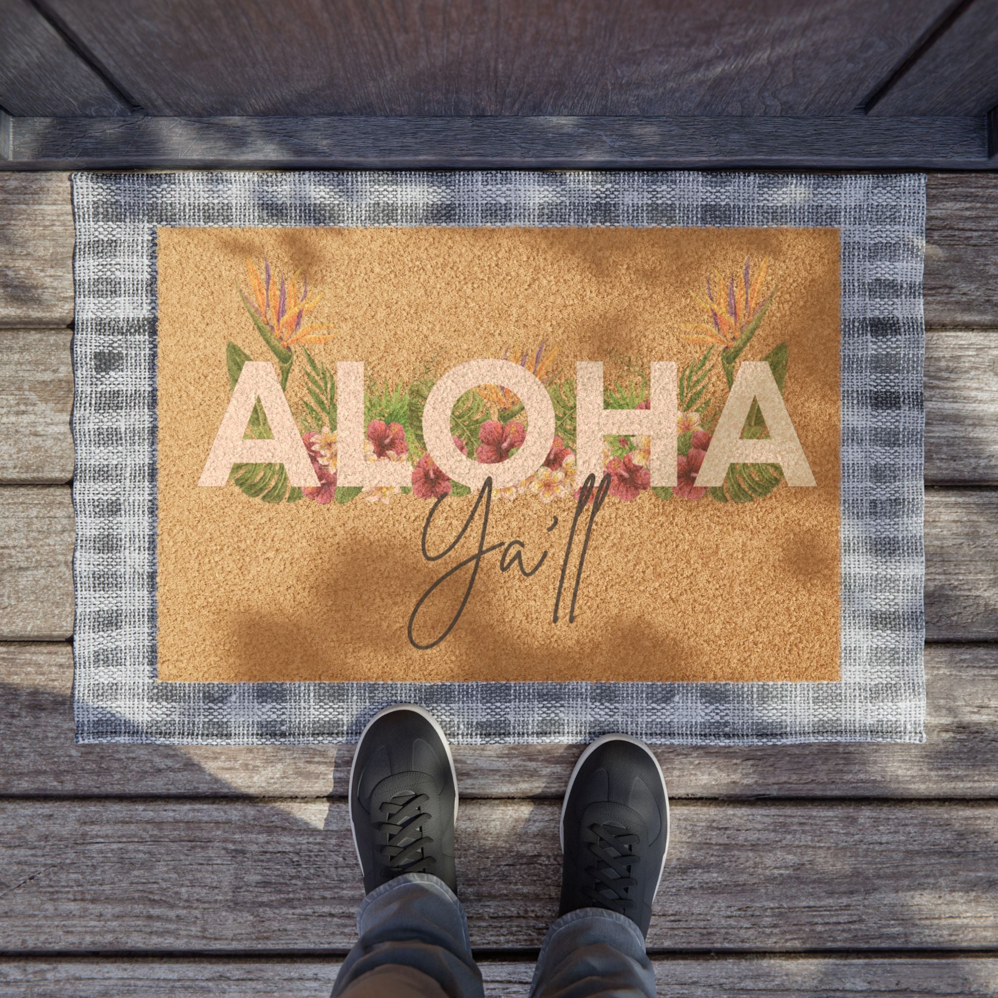 Aloha Y'all Doormat | Tropical Welcome Mat | Rustic Home Decor, Summer Vibes, Housewarming Gift, Outdoor Decor, Entryway Accent