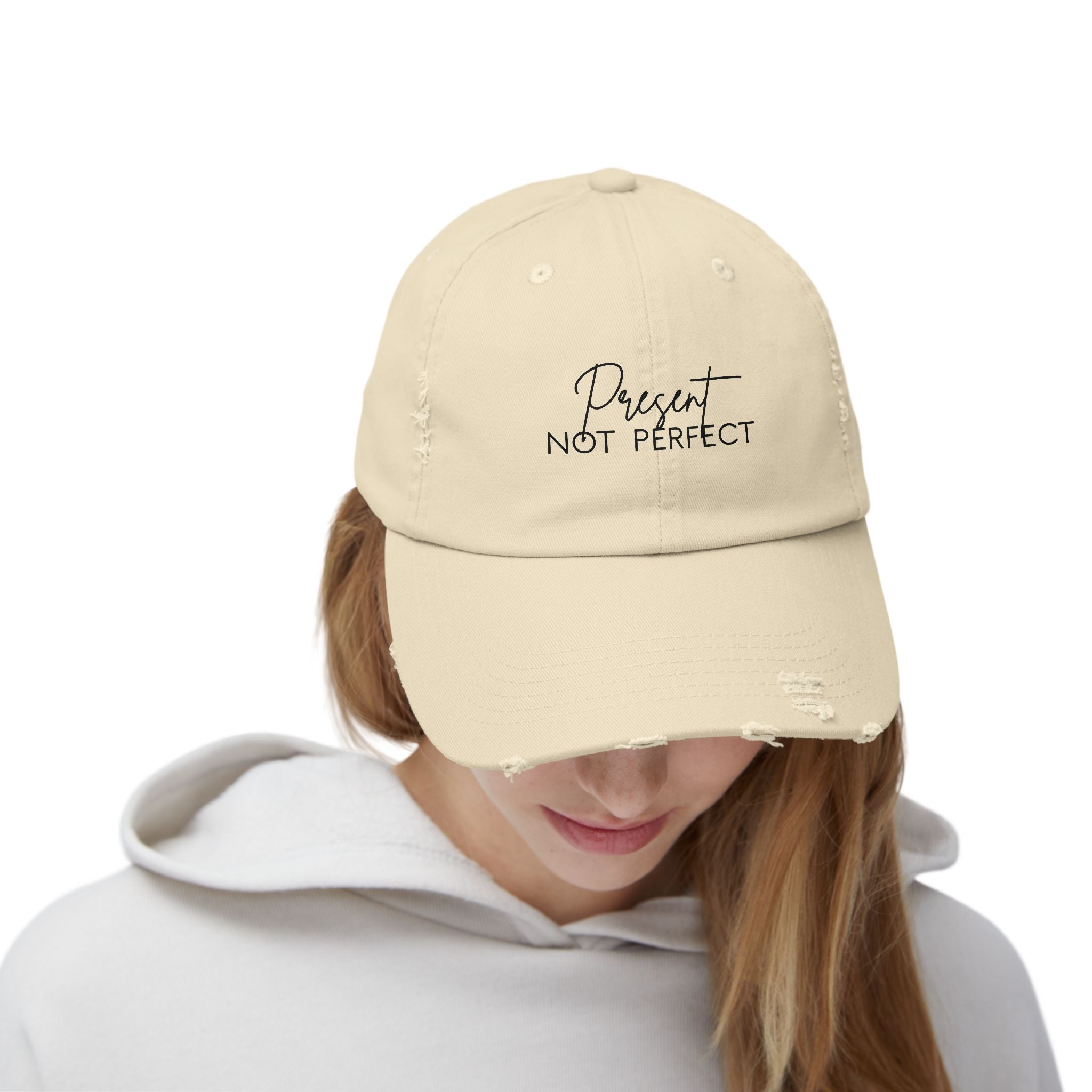 Present Not Perfect Distressed Cap - Trendy Unisex Hat for Casual Wear