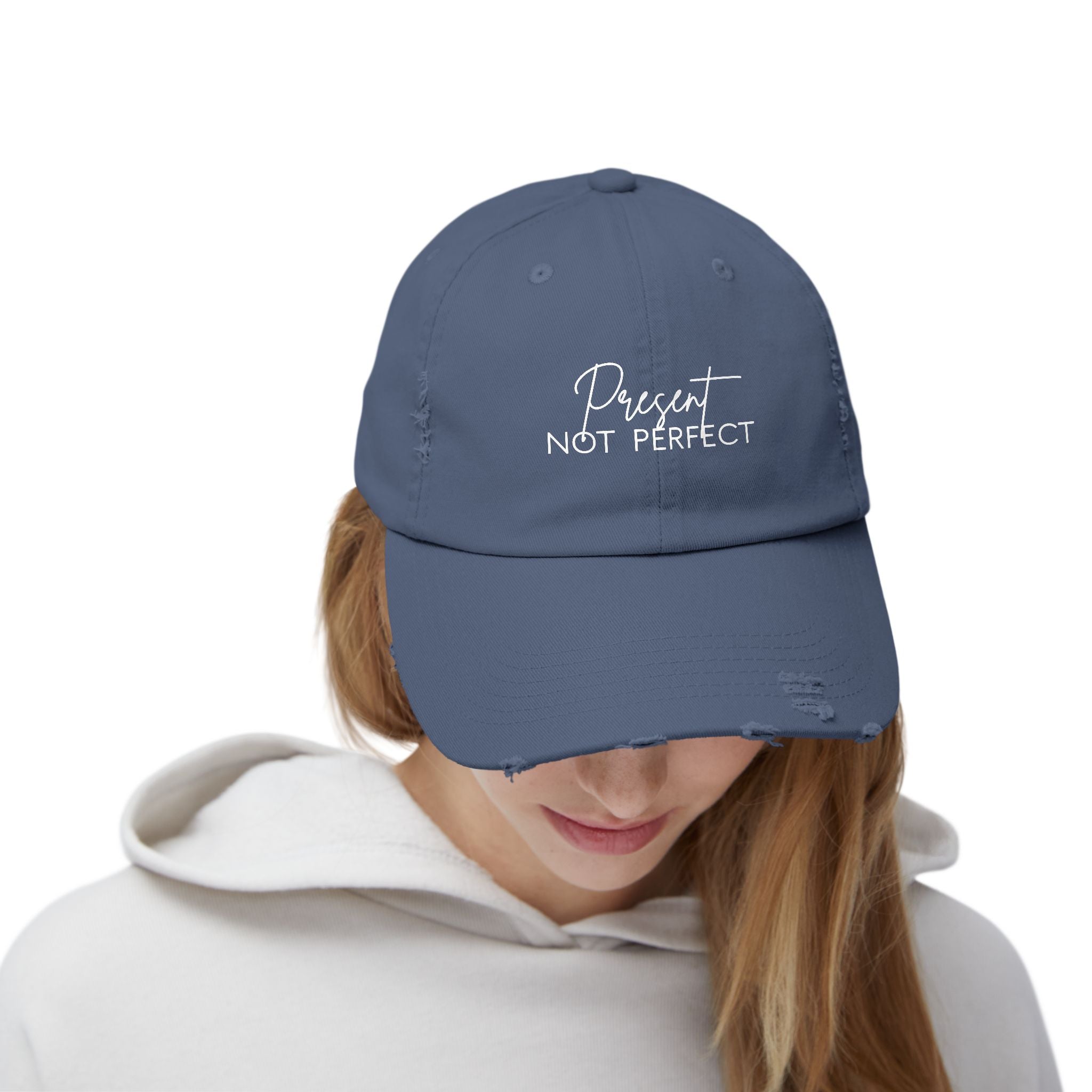 Present Not Perfect Distressed Cap - Trendy Unisex Hat for Casual Wear